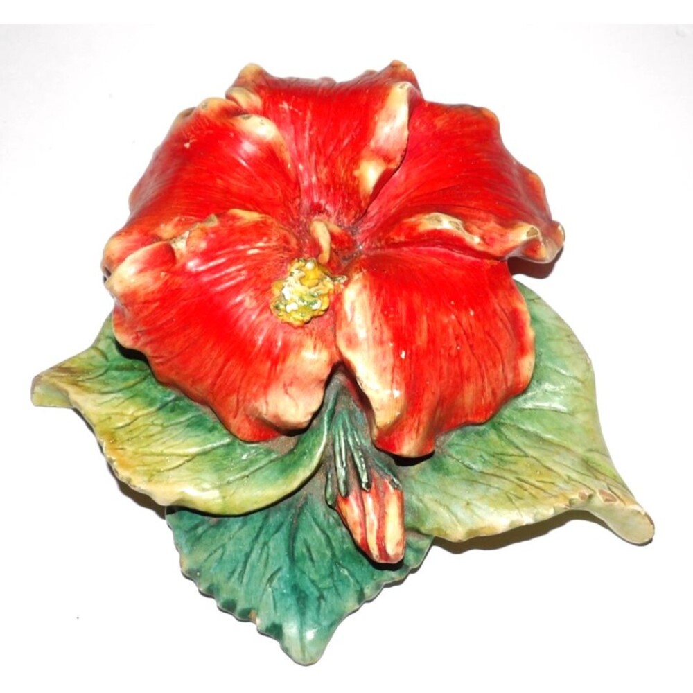 1960 Chalkware Hibiscus Flower Wall Plaque Hawaii Hawaiian Signed Handmade